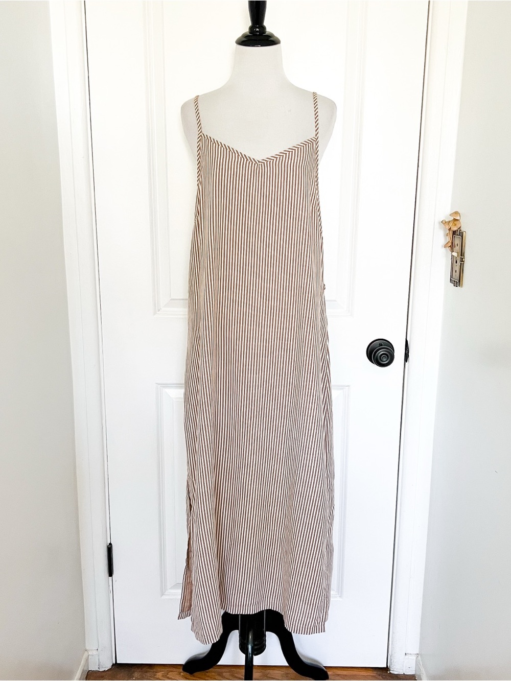Rhythm. Beige and White Striped Midi Slip Dress